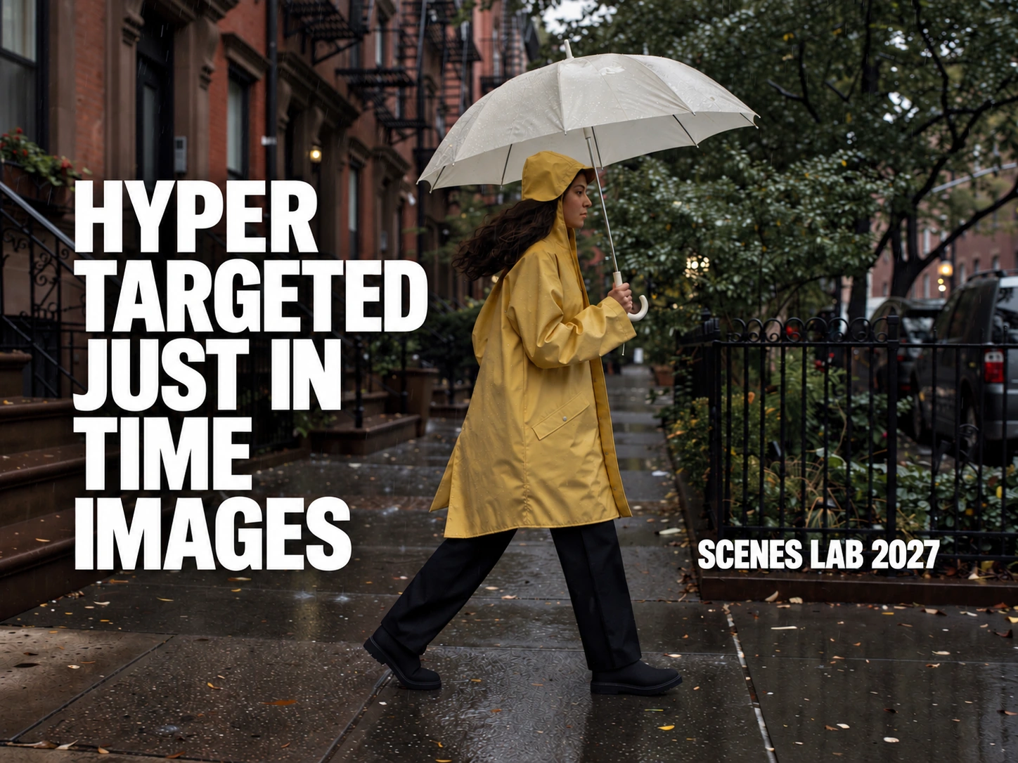 A woman in a yellow raincoat walks through rainy Brooklyn beneath a white umbrella. Text: HYPER TARGETED JUST IN TIME IMAGES. SCENES LAB 2027.