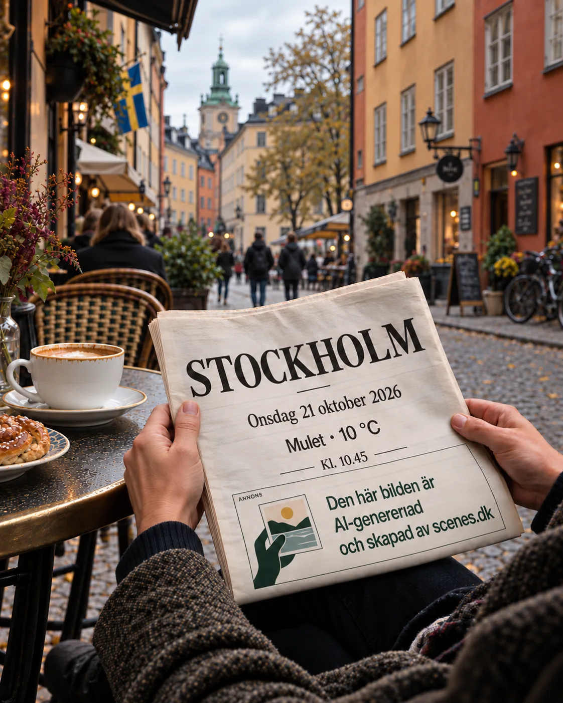 Scenes Lab-koncept: En person læser en lokalt tilpasset avis på en café i Stockholm.